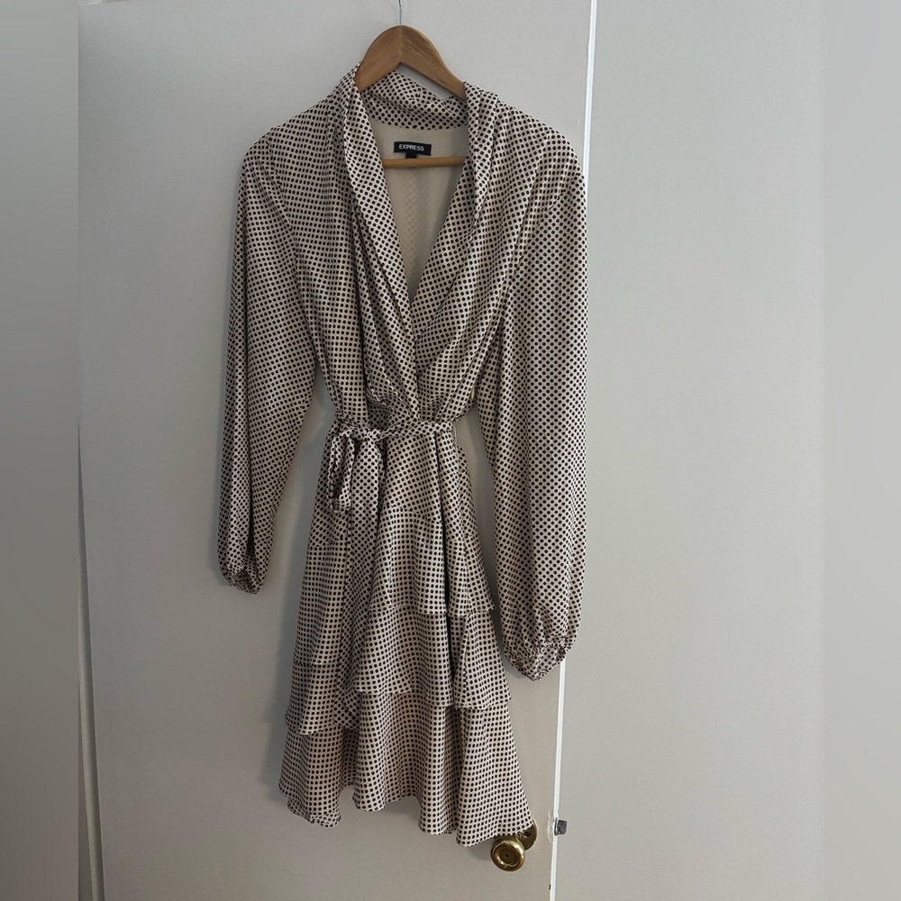 Express Tan Wrap Tie Front Dress with Polka Dots